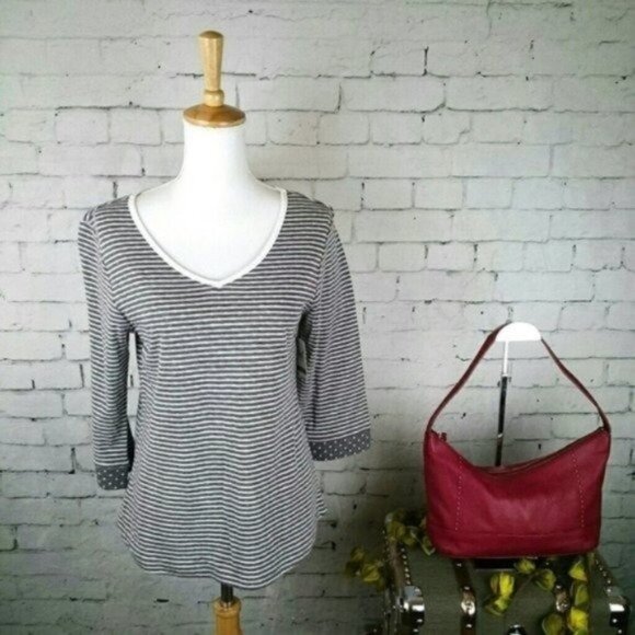 Adrienne Vittadini V-neck Striped Knit Top With Polka Dot Cuffs Gray Size Medium - Picture 1 of 5